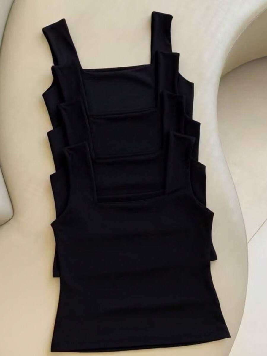 Set Of 4 Women's Tank Tops With Square Neckline, Straight Leg, Suplex Fabric, Summer Basic Plain, Fashionable, Elegant, , Blogger Style - 4 黑色 - 查看 1