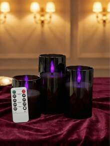 3pcs Flameless Black Candles With Remote Control & Timer, Battery-Powered Flickering LED Candles With Purple Lighting, Suitable For Wedding, Party, Home & Holiday Decor - Black Purple Light - View 5