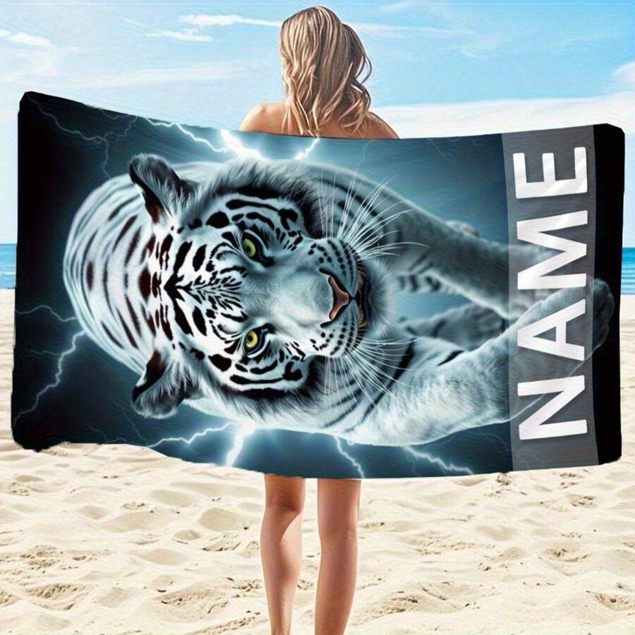 1pc Heavy-Duty Custom Name/Text & Print (Black Lion/White Tiger) Quick-Dry Bath Towel Suitable For Swimming Pool, Beach, Spa - Personalized Summer Swimming Gear - Multicolor - View 1