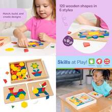 Pattern Blocks And Boards With 120 Multi-Colored Wooden Shape Tiles 5 Double-Sided Puzzle Boards Tangram Puzzles Montessori Toys For Girls Boys - As Pic - View 1