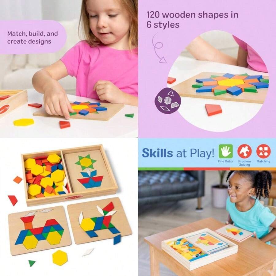 Pattern Blocks And Boards With 120 Multi-Colored Wooden Shape Tiles 5 Double-Sided Puzzle Boards Tangram Puzzles Montessori Toys For Girls Boys - As Pic - View 1