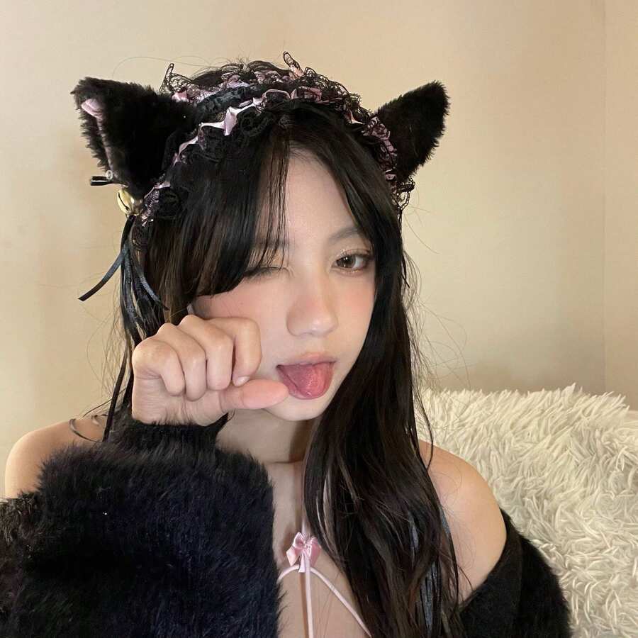 Cute Faux Fur Cat Ear Headband With Lace Bow & Bell - Adult Lolita Style Hair Accessory For Party Photo Props - 黑粉紅色 - 查看 1