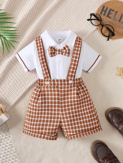 2pcs Baby Boy Vintage Plaid Shirt Top And Bib Shorts Set, 0-3 Years Old Gentleman Outfit For Birthday Party
