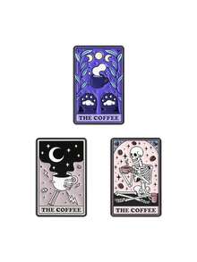 1Set Punk Gothic The Coffee Cat Tarot Enamel Pins Skeleton Drinking Coffee Brooches Lapel Badge Jewelry Gift For Friends - Multicolor - View 12