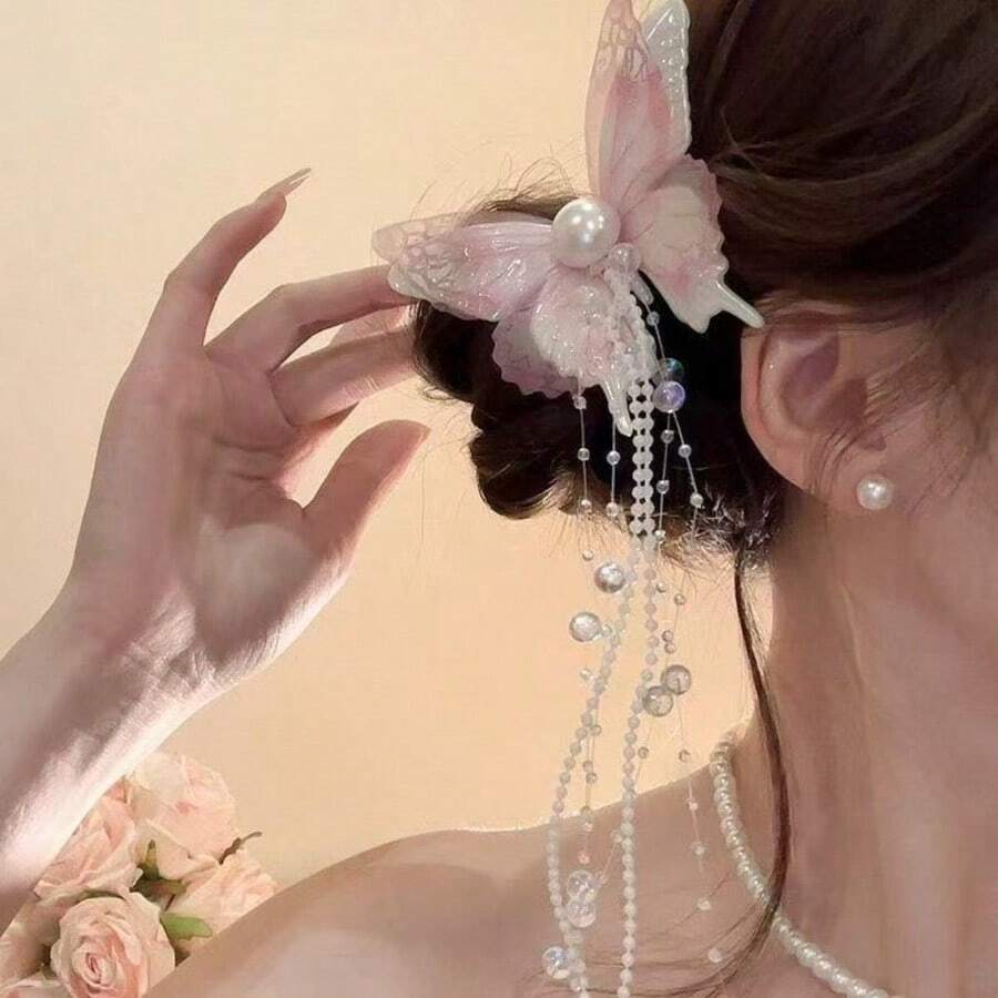 2个水晶蝴蝶流苏发夹，适合新娘、节日、拍照、送礼 - 白色 - 查看 1