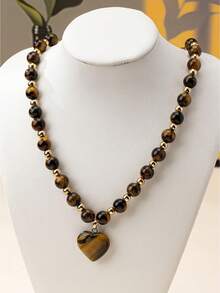 时尚奢华优雅虎眼石项链，搭配心形吊坠，适合日常佩戴、通勤、度假、街头摄影、节日礼物。 - 棕色 - 查看 2