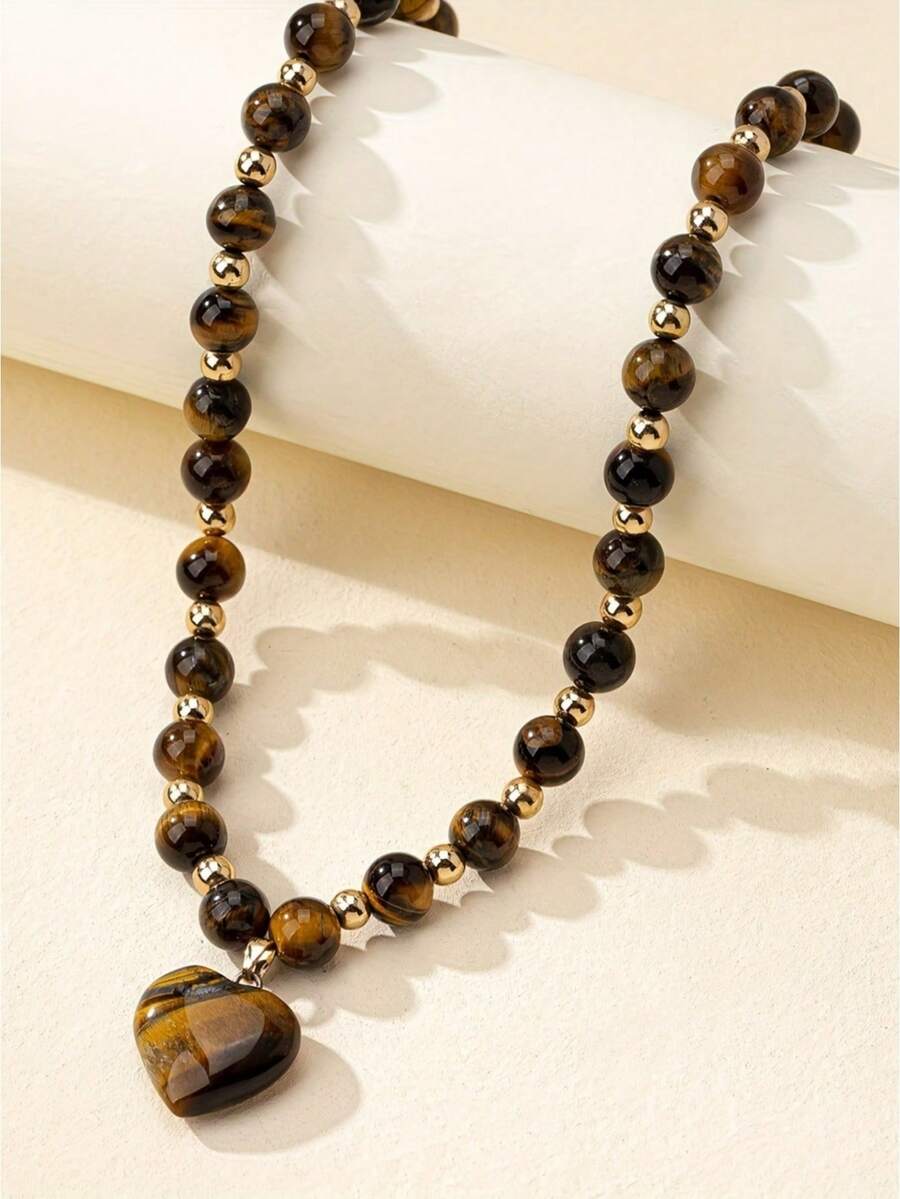 时尚奢华优雅虎眼石项链，搭配心形吊坠，适合日常佩戴、通勤、度假、街头摄影、节日礼物。 - 棕色 - 查看 1