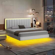 Floating Bed Frame With LED Lights, Queen Bed Frame And PU Leather Headboard, Solid Wood Slats Support, No Box Spring Needed, Noise-Free, Easy Assembly, Full/ Queen/ King, Black/ White ( USB LED Strip) - 白色 - 查看 11