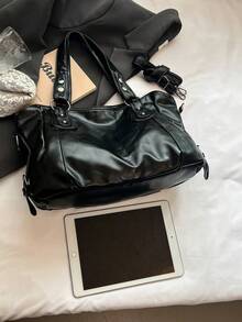 Women's Black Faux Leather Shoulder Bag, Large Capacity Tote Bag With Adjustable Straps, Stylish Hobo Bag For Daily Commute, Travel, Shopping, Featuring Rivet Details And Versatile Design, Vintage Oversized Tote Bag For Woman , Vintage Bag , Y2k , Office , Valentine's Day Gifts - 黑色 - 查看 4