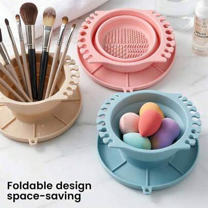 1 件装可折叠硅胶化妆刷清洁器、晾干架和收纳托盘、刷架、带纹理底座的便携式洗刷垫，适用于化妆刷、粉扑和海绵，化妆刷收纳，送给女朋友的旅行礼物，复活节礼物。