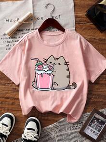 [Cotton T-Shirt]Tween Girl One-Piece Printed Pullover Short-Sleeve T-Shirt, Suitable For Students And Young Children, Summer Outfit Tops For Kids - 淺粉色 - 查看 2