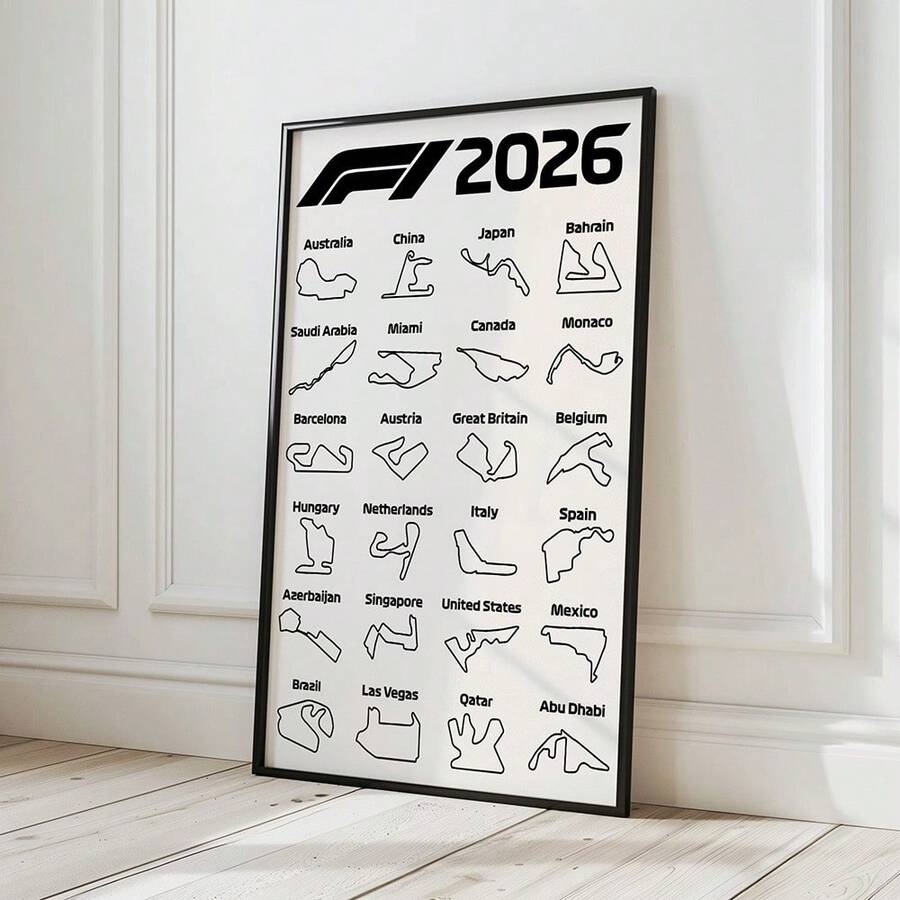 1 pieza Cuadro de arte de pared impreso en lienzo con diseño minimalista en blanco y negro del circuito de carreras F1 2026, mapa oficial del circuito, regalo para entusiastas del automovilismo para el hogar, oficina o garaje, sin marco o con marco - patrón - Ver 1