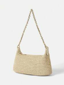 New Arrival Fashionable Bohemian Style Woven Rattan Bag With Chain Strap, Shoulder Bag, Suitable For Daily Casual, Vacation, Shopping And Outfit Matching, Tready Crescent Moon Bag For Women , Bohemian Outfit For Women, Boho - 卡其色 - 查看 7