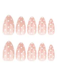24pcs White Polka Dot Nail Stickers, Short Almond-Shaped Nail Art Set, Includes 1pc Sticky Gel Polish And 1pc Mini Nail File, Suitable For Daily Wear - Multicolor - View 3