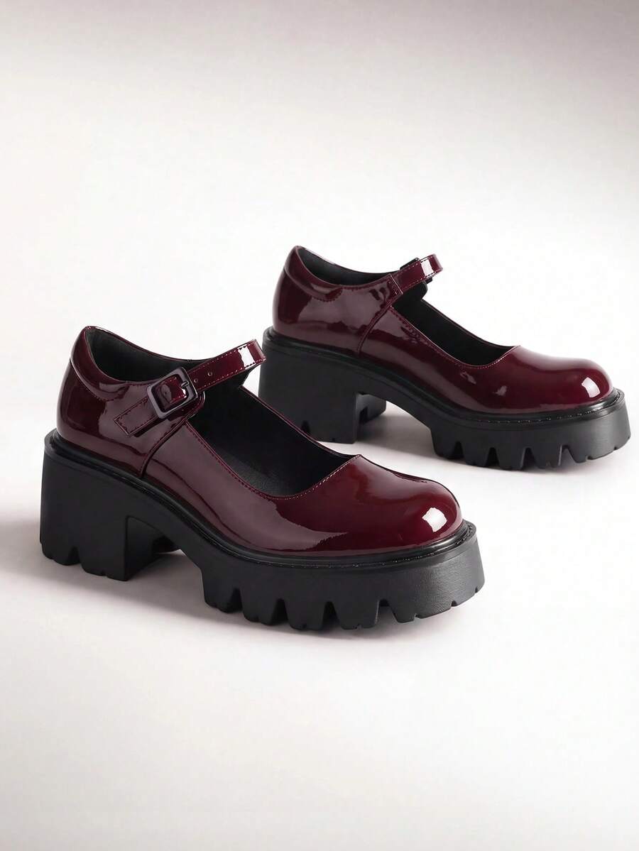 Women's Mary Janes Shoes Platform Chunky Low Heels Comfortable Cute Pumps Round Toe Ankle Strap Woman Shoes - 酒紅色 - 查看 1