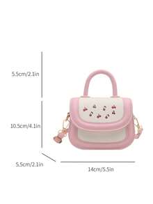 1pc Cherry Print & Color Block Shiny PU Leather Mini Handbag, Sweet Girl Style Tote Shoulder Bag For Daily & Work - Pink - View 11