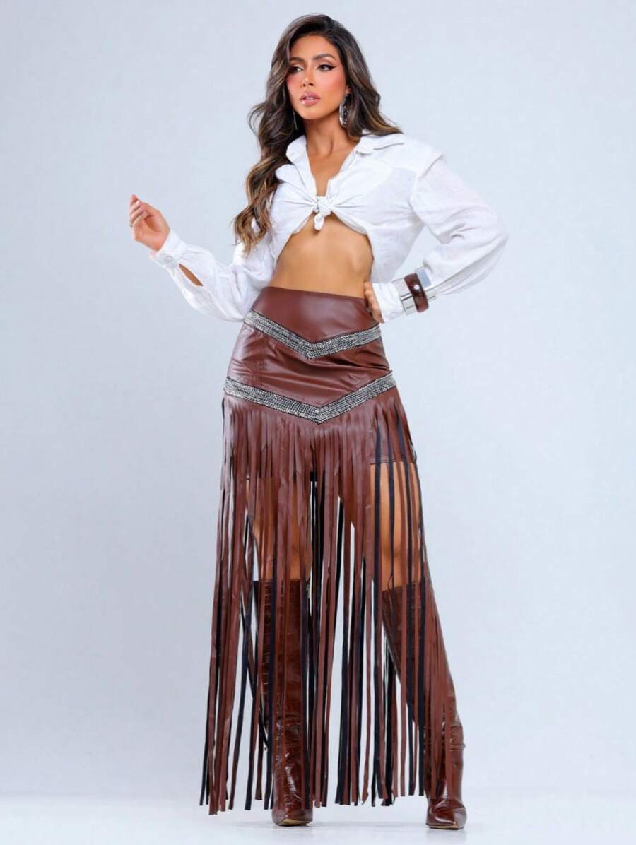 Women's Faux Leather Skirt With Fringe, Long, High Waist, Glitter Detail, Country Western Style, Perfect For Parties, Rodeos, Clubs, Blogger Looks. - 駝色 - 查看 1