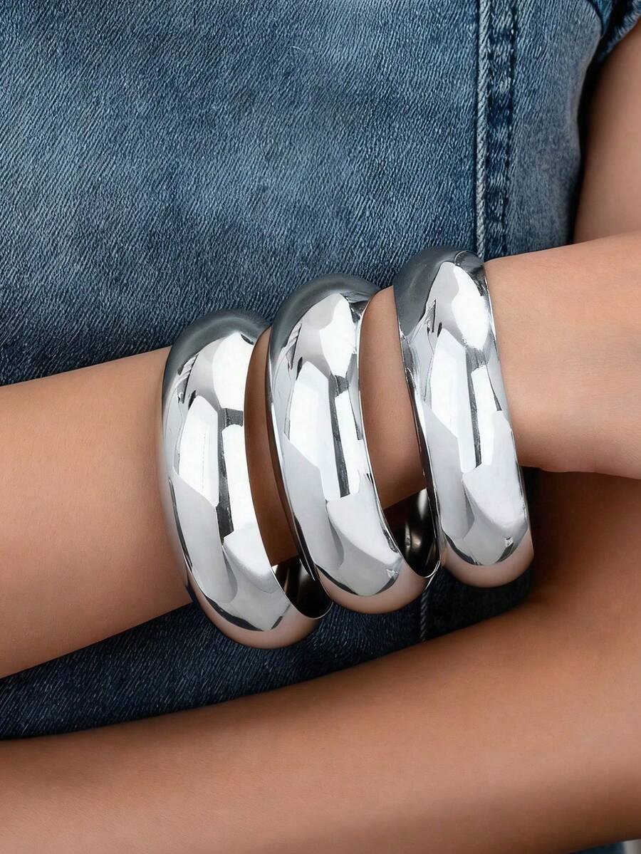 3pcs/Set Silver Metal Thick Bangle Bracelet Set, Stackable Bracelets For Women - Silver - View 1