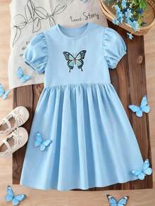 1pc Girls Simple Fashion Butterfly Comfortable Puff Sleeve Round Neck Dress, Spring/Summer - Blue - View 1