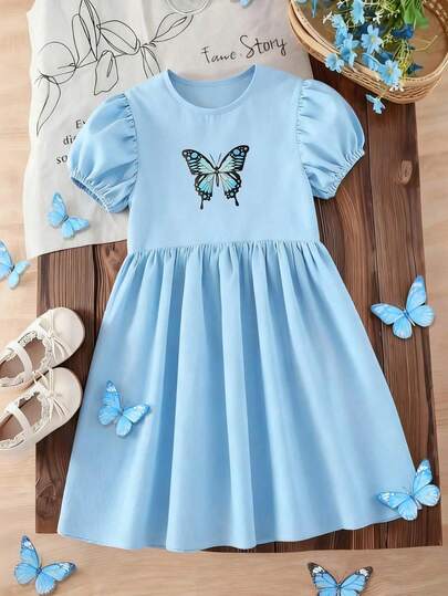 1pc Girls Simple Fashion Butterfly Comfortable Puff Sleeve Round Neck Dress, Spring/Summer