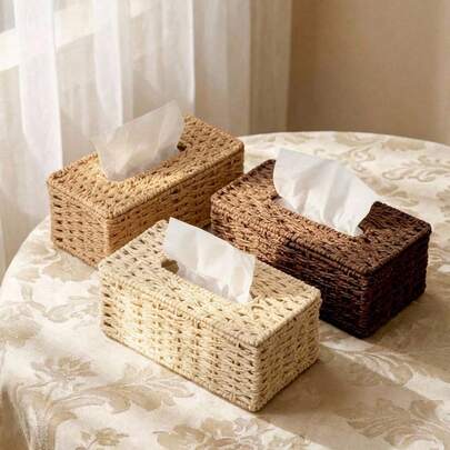 Cirelle 1pc Handmade Woven Tissue Box, Rectangular With Lid, Bohemian Style Decorative Woven Box, Suitable For Bathroom, Bedroom, Bookshelf, Living Room, Home, Dining Room, Hotel Tissue Storage, Modern Minimalist Design, Multiple Colors Available