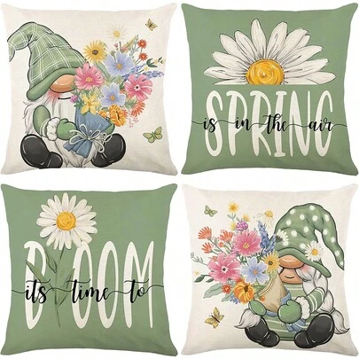 4pcs Spring/Summer Green Pillow Covers Set, Daisy, Butterfly, Floral, Gnome, Sunshine Decor Cushion Covers For Sofa, Patio