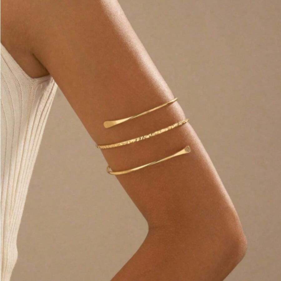 1 chiếc vòng tay kiểu dáng tối giản Châu Âu và Mỹ, nhiều lớp rỗng, bề mặt lượn sóng mịn, có thể điều chỉnh độ dài, phong cách đường phố độc đáo. - Vàng - Xem 1