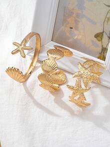 1/3pcs Beach Vacation Metal Geometric Starfish & Shell Bangle Bracelet, Versatile Jewelry Gift For Daily & Holiday Wear - Yellow Gold - View 4