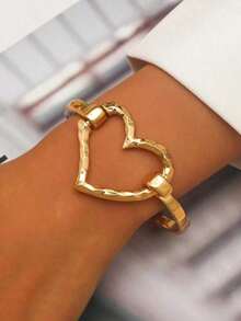 1pc European And American Style Fashion Alloy Open Heart Shaped Bracelet Women, Versatile Street Style Web Celebrity Hand Chain Valentines,Mom,Mother,Mother's Day, - Gold - 查看 2