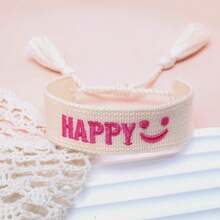 1 pieza Pulsera tejida con cara sonriente "FELIZ" hecha a mano, regalo de fiesta minimalista vintage y lindo, accesorio bohemio para vacaciones y viajes - Albaricoque - Ver 6