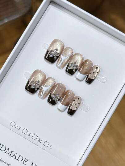 Handmade Black & White French Ombre Cat Eye Design Nail Tips, Suitable For Women's Manicure