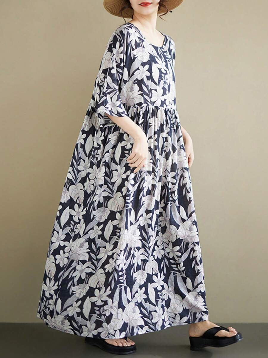 AZAH 萬聖節優雅舞會夏季波希米亞休閒度假沙灘女款長洋裝 大尺碼 A字版型碎花圓領蝙蝠袖短袖無彈力蓬鬆裙擺附口袋 - 彩色 - 查看 1