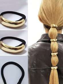 4pcs Women's Gold Metal Hair Ties - Geometric Pattern Elastic Hair Bands, Suitable For Thick Hair, Hair Accessories - Gold 4pcs - View 4