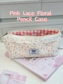 1 chiếc hộp đựng bút kiểu INS dễ thương, ngọt ngào, lãng mạn màu hồng ren hoa, túi đựng văn phòng phẩm bằng vải mềm dung tích lớn, hộp đựng mỹ phẩm đa năng di động, phù hợp cho nữ sinh và học sinh sử dụng hàng ngày. - Hộp bút hoa văn viền ren màu hồng - Xem 1