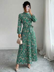 Spring Fall Floral Print Stand Collar Dress Women's Long Sleeve Zipper Front Self-Tie Waist Pleated Midi Dress - 綠色 - 查看 2
