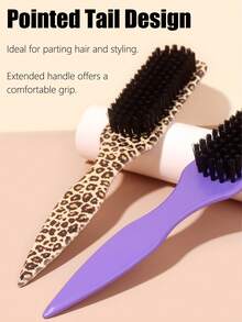 Men's Oily Hair & Beard Brush Set, Professional Long Handle Beard Cleaning Brush With Oily Comb, Solid Color And Leopard Print Hair Brush, Wooden Comb, Mini Straightening Brush, Beard Trimming, Curling, Edging, Pompadour Styling, Travel Essential, Back To School Essential, Holiday Essential - Multicolor - View 4