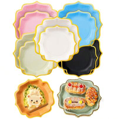10pcs Elegant Gold Rimmed Paper Plates, Gold Framed Paper Trays, Heavy Duty Paper Board, Suitable For Dessert Displays, Parties, Birthdays, Weddings,