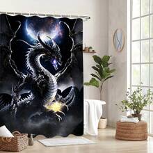 1件黑色龙纹浴帘，涤纶材质，防水，不遮光，适合家居和浴室装饰，配有12个挂钩 - A - 查看 2