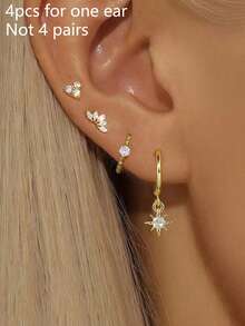 4件套精美时尚不锈钢皇冠锆石圆形耳环套装，女士18K镀金气质花朵耳钉耳钉穿刺饰品 - Gold-3# - 查看 1
