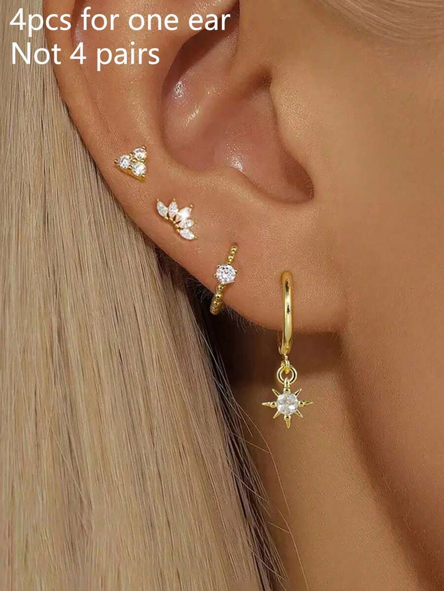 4件套精美时尚不锈钢皇冠锆石圆形耳环套装，女士18K镀金气质花朵耳钉耳钉穿刺饰品 - Gold-3# - 查看 1