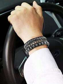 Punk Leather Cuff Bracelet - Goth Rock Leather Wristband With Chain - Đen - Xem 4