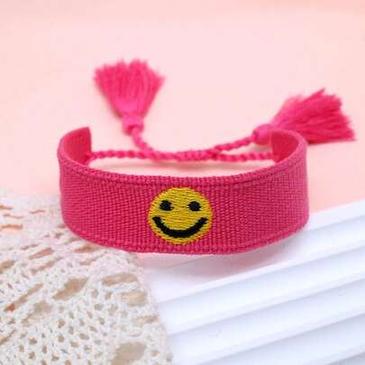 1pc Embroidered Smiling Face Handmade Braided Bohemian Style Adjustable Bracelet, Suitable For Friends, Family, Parties, Vacations, Concerts