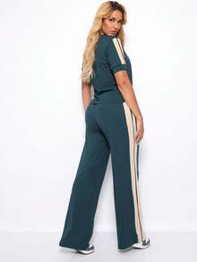 Women's Basic Pants And Blouse Set With Side Stripe. - Dark Green - View 4