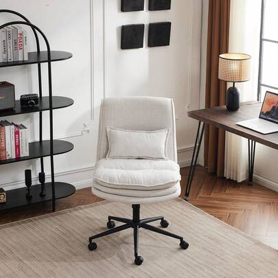 Cloud Criss Cross Legged Chair,18" High Back Armless Home Office Desk Chair With Wheels,Wide Adjustable Comfy Padded Seat Task Computer Chair,Modern Swivel Makeup Vanity Chair,Fabric,Beige