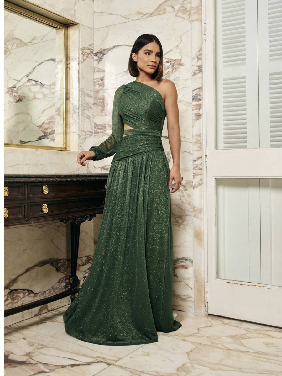 Elegant Long Dress For Bridesmaids, Wedding, Graduation, One Sleeve. - Olive Green With Shine - View 1