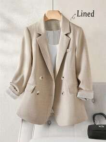 Women's High-Quality Dual-Color Faux Linen Fabric Double-Breasted Striped Lining Long Sleeve Blazer Jacket, Commuting & Casual, Spring/Autumn - Khaki - View 2