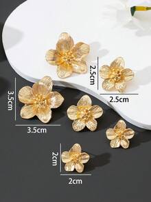 3对时尚优雅的金色纹理金属五瓣花耳环，百搭耳环套装，适合成年女性的礼物 - 金黃色 - 查看 5