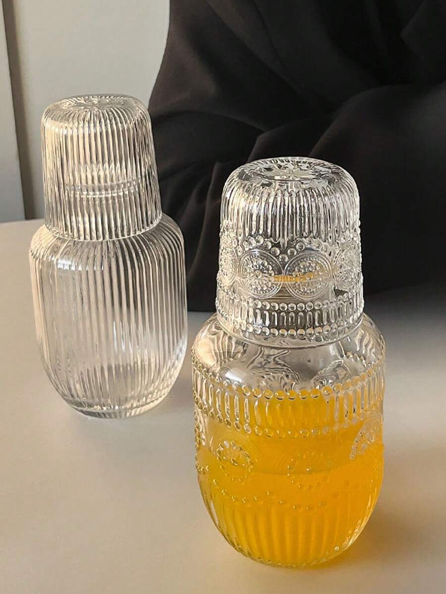 2件套玻璃水壶和杯子套装，复古透明浮雕向日葵图案果汁/牛奶/茶壶和杯子