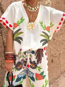 Magic Mia Women's Tropical Floral Print Two-Piece Set - V Neck Batwing Sleeve Top & High Waist Wide Leg Pants | Casual Loose Fit For Beach Vacations, Resort Getaways, Summer Brunch, Coastal Walks, Music Festivals & Boho Market Trips (Vibrant Palm & Flower Print & Drawstring Waist) For Effortless Vacation & Everyday Styling - 白色 - 查看 5