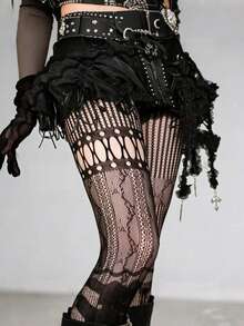 1件装不对称镂空渔网袜，性感哥特朋克复古美式破洞连裤袜，百搭透明女士连裤袜 - 彩色 - 查看 1